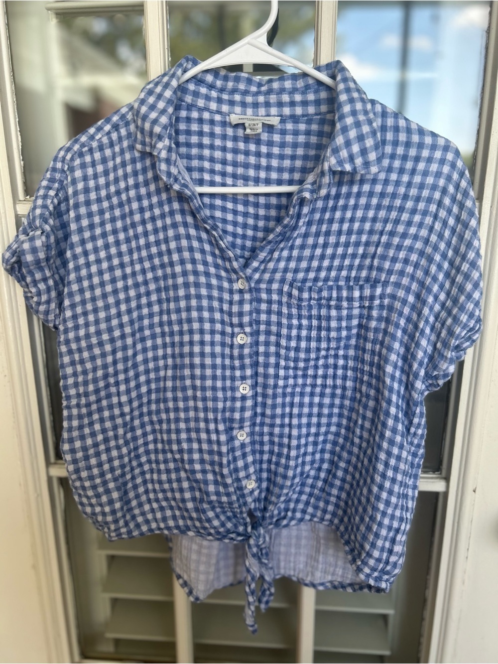 beachlunchlounge Blue and White Gingham Tie-Front Button Shirt